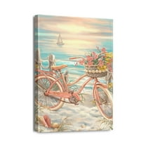 Coastal Themed Canvas Wall Art Beach & Bicycle Scene, Calming Aqua Blue Ocean Pictures for Bedroom, Bathroom Décor, 12x16 Inch