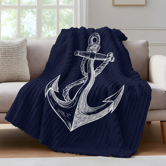 Coastal Throw Blanket for Couch Illustration Anchor Rope Dark Blue Soft and Warm Flannel 3D Striped Fluffy Fuzzy Fleece Blanket Lightweight Throw for Bed, Sofa 30 x 40 Inches