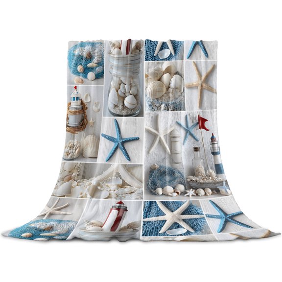 Coastal Throw Blanket for Couch, Soft Lightweight Flannel Fleece Blanket, Summer Beach Starfish Nautical Sea Shell Microfiber Plush All Season Decorative Blankets Gifts for Sofa Office Lap 30"x40"