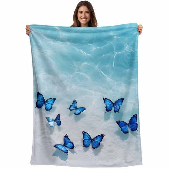 Coastal Throw Blankets, Ocean Butterfly Beach Soft Fleece Blanket Decorative for Home Sofa Couch Chair Living Bedroom, 30x40 Inches, Aqua Dark Blue