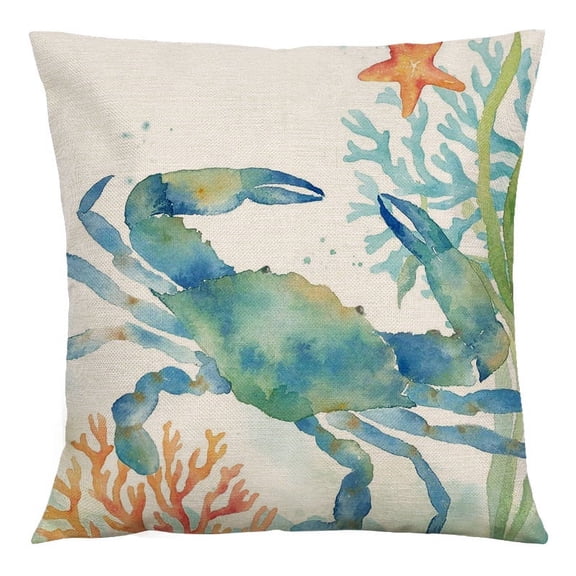 Coastal Throw Pillow Covers Ocean Outdoor Beach Pillows Cover 18x18 Inch, Summer Theme Sea Turtle Seahorse Sea Fish Sea Crab Decor Square Pillowcase for Patio Couch Sofa