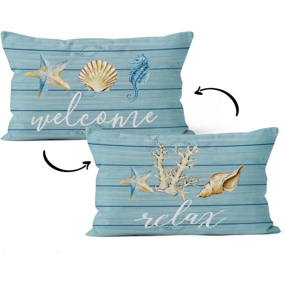 Coastal Throw Pillows,Coastal Pillow Covers,Nautical Beach Decorative Throw Pillow Cover,Nautical Pillows,Nautical Beach House Bed Room Decor Reversible Pillowcase (12x20 in, Blue-3)
