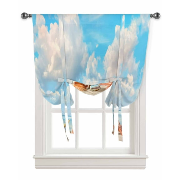 Coastal Tie Up Curtains for Kitchen Bathroom Bedroom Windows 45 Inch Length, Summer Beach Shell Conch Starfish Blue Nautical Balloon Drape Curtains Shade Rod Pocket Drapery Curtain Panel, 42"x45"
