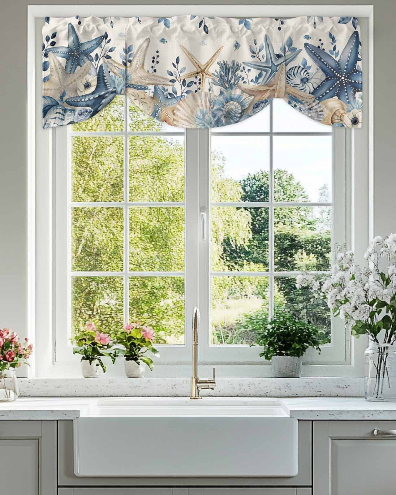 Coastal Tie Up Valances Curtain, Adjustable Kitchen Ocean Blue Beige Starfish Shells Leaves Retro Linen Valances for Windows Decor, Rod Pocket Short Curtains Set for Bedroom/Bathroom, 60"x18"