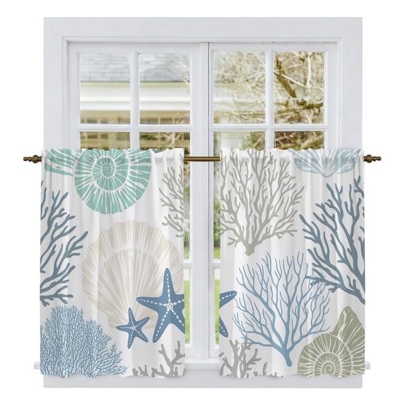 Coastal Tier Curtains, Summer Beach Nautical Coral Starfish Light Filtering Kitchen Curtains, 2Pcs Rod Pocket Half Window Treatments Panels for Sink Cafe Cabinet Basement 27.5x45 Inches