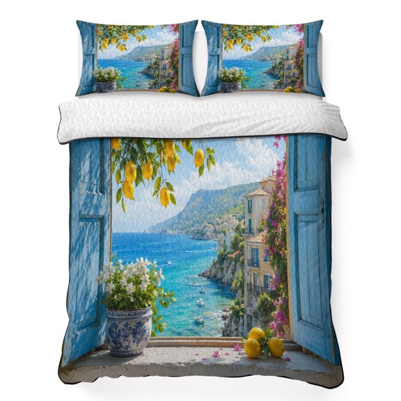 Coastal Town 3 Piece Quilt Bedding Set with 2 Pillow Shams, Blue Window Serene Lemon Branch Flower Rustic Ocean Lightweight Bedspread Coverlet, Soft Breathable All Season Quilt, 68 x 86 Inch