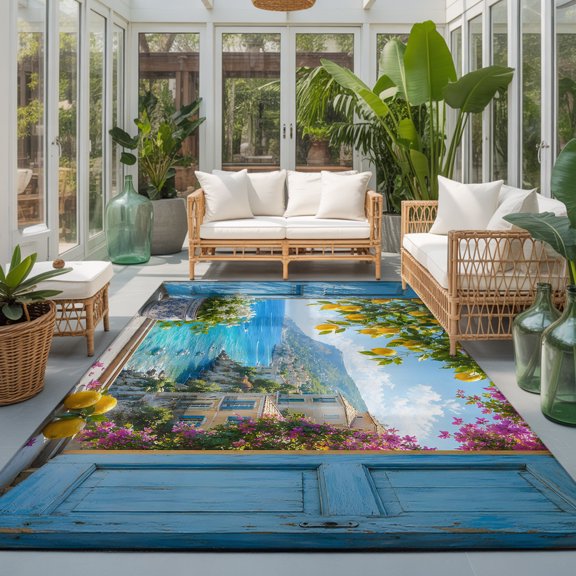 Coastal Town 9'x12' Area Rugs for Living Room Sectional Sofa, Blue Window Serene Lemon Branch Flower Rustic Ocean Washable Sturdy Non Slip Soft Sturdy Rectangle Home Area Rug