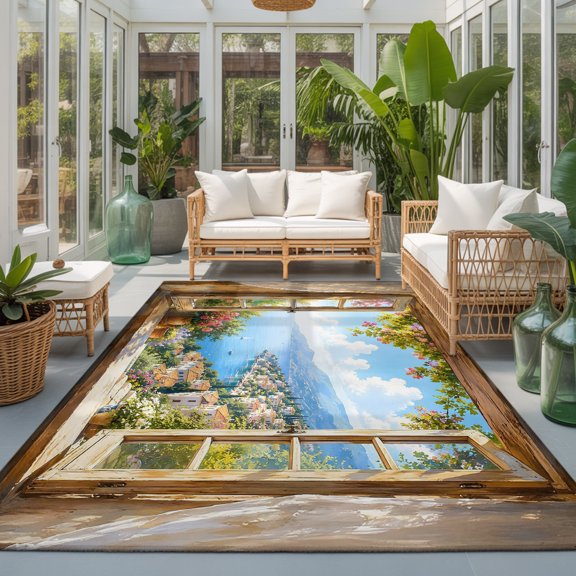Coastal Town 9'x12' Area Rugs for Living Room Sectional Sofa, Window Serene Romantic Flower Farmhouse Ocean Washable Sturdy Non Slip Soft Sturdy Rectangle Home Area Rug