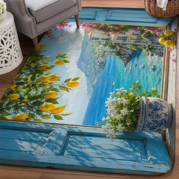 Coastal Town Area Rugs for Living Room 5x6, Blue Window Serene Lemon Branch Flower Rustic Ocean Washable Area Rug Non Slip, Stain Resist Linen Carpet for Bedroom, Dining Room, Entryway, Entrance