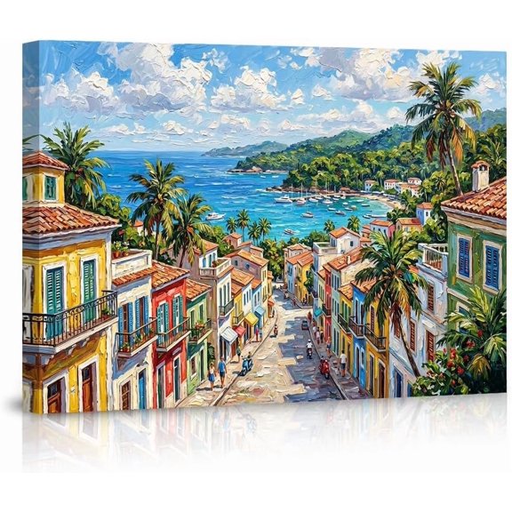 Coastal Town Canvas Wall Art Mediterranean Seaside Village Oil Painting Poster Vibrant Ocean View Palm Trees Landscape Pictures for Living Room Bedroom Home Decor