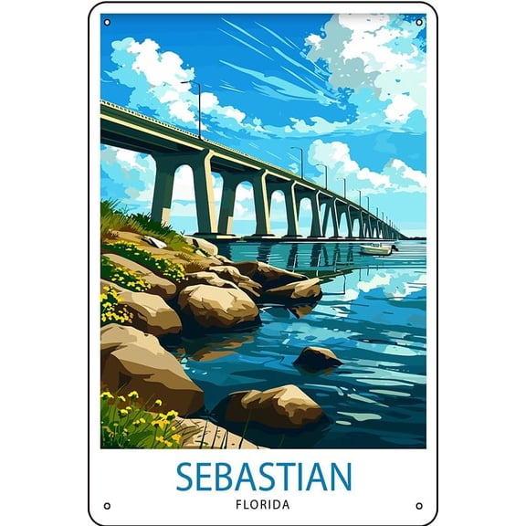 Coastal Town Metal Tin Sign, Sebastian Florida Print Indian River Lagoon Landscape Wall Art, Beach House Decor, 8 12 Inch