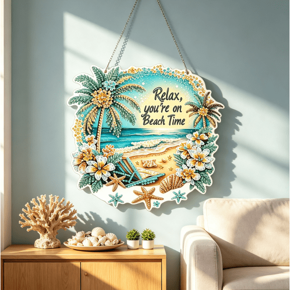Coastal Tropical Beach Summer Diamond Art Kits for Adults, Special Shape Crystal Rhinestone Diamond Painting Kit, DIY Wall Hanging Sign Home Decor Holiday Gift