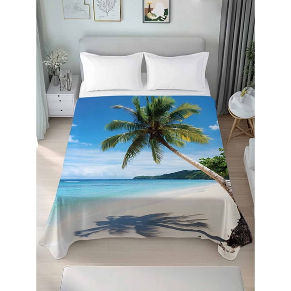 Coastal Tropical California King Size Flat Sheet, Wrinkleproof & Fadeproof Cooling Flat Bed Sheet Only, Blue Sky Coconut Tree Summer Beach Breathable Soft Bedding Top Sheets 108 x 98 Inches