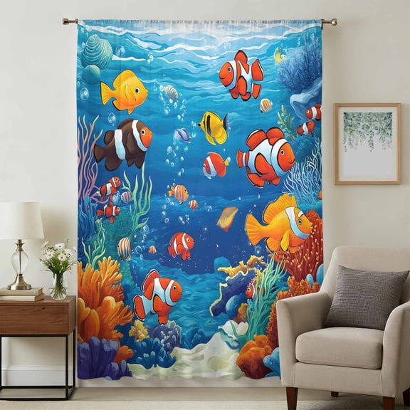 Coastal Tropical Fish Sheer Curtains 54 Inches Long, Nautical Underwater World Animals Light Filering Curtains, Breathable Simi Curtain Privacy Drapes for Kitchen Bathroom Small Window Treatment
