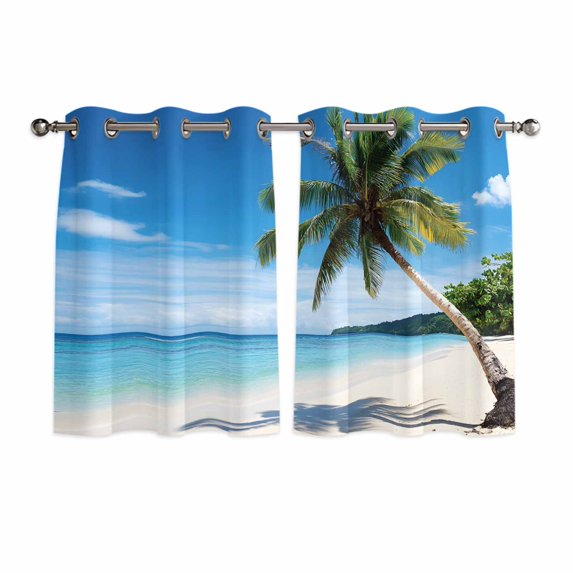 Coastal Tropical Kitchen Curtains Short 54 Inch Length, Blue Sky Coconut Tree Summer Beach Grommet Top Bedroom Living Room Curtains, Light Filtering Cafe Curtain Drapes 2 Panels Set 84''x54''