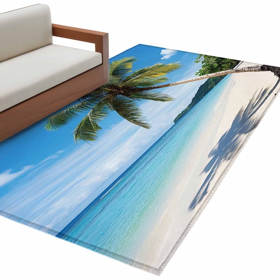 Coastal Tropical Large Area Rugs for Bedroom Living Room, Non Slip Carpet Bedside Rug, Blue Sky Coconut Tree Summer Beach Rectangular Floor Cover Kitchen Accent Rug 2.7'x5' for Dining Room/Office