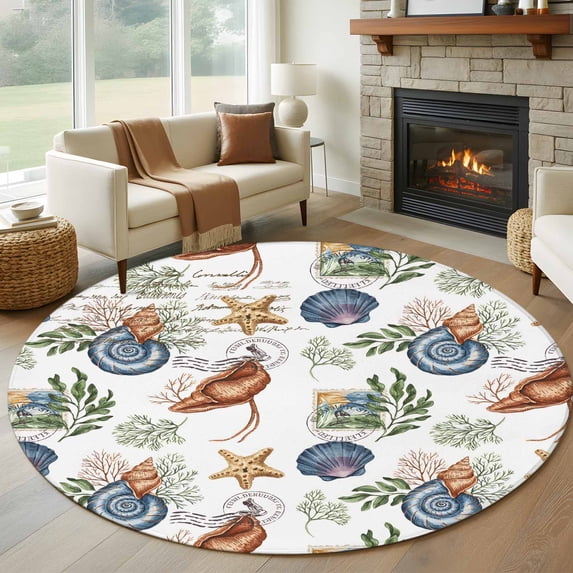 Coastal Tropical Large Round Rug 8 FT, Non Slip Living Room Area Carpet, Palm Leaves Starfish Coral Washable Soft Circle Rug Non-Shedding Floor Carpet for Bedroom Office Dining Room