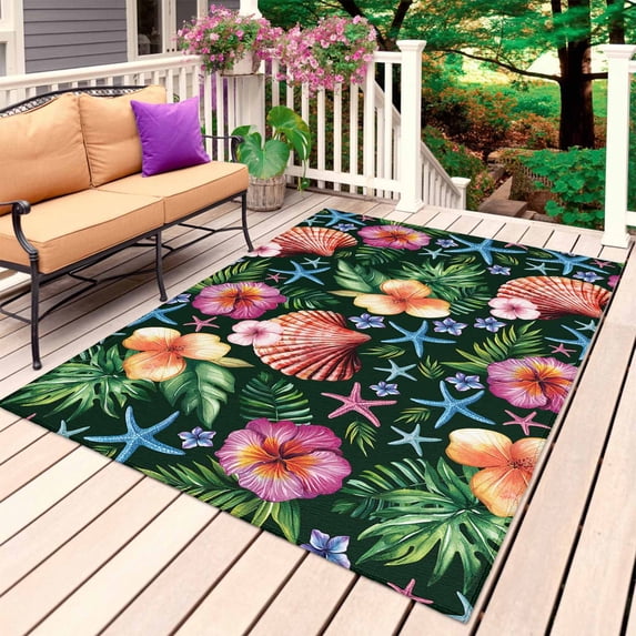 Coastal Tropical Outdoor Rug for Patio/Deck/Porch, Non-Slip Large Area Rug 5 x 7 Ft, Green Palm Leaf Blue Starfish Shells Indoor Outdoor Rugs Washable Area Rugs, Reversible Camping Rug Carpet Runner
