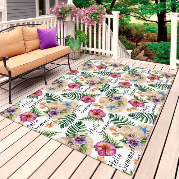 Coastal Tropical Outdoor Rug for Patio/Deck/Porch, Non-Slip Large Area Rug 6 x 9 Ft, Green Palm Leaf Flowers Straw Hat Indoor Outdoor Rugs Washable Area Rugs, Reversible Camping Rug Carpet Runner