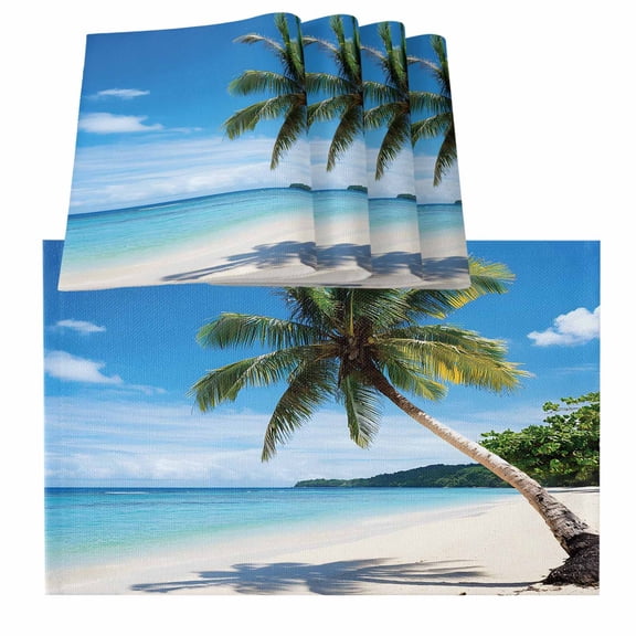 Coastal Tropical Placemats for Dinning Table Set of 4, Blue Sky Coconut Tree Summer Beach Burlap Kitchen Place Mats Waterproof Cloth Table Mats, Indoor Outdoor Placemats Easy Clean Dinner Decor