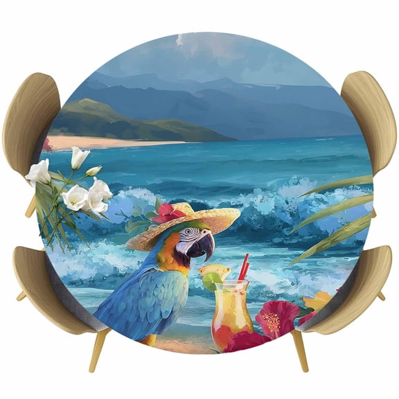 Coastal Tropical Round Tablecloth 36-44 Inch Round Fitted Table Cloth with Elastic Edge, Summer Oil Painting Parrots Palm Leaves Waterproof Table Cover Protector for Outdoor Picnic Party Dining