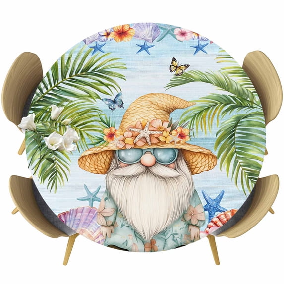 Coastal Tropical Round Tablecloth, Fitted Table Cover with Elastic for 36"-44" Round Tables, Palm Tree Starfish Shell Flower Gnomes Table Cloth Outdoor Indoor Dinning Party Waterproof Tablecloths