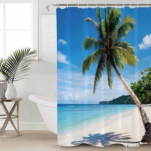 Coastal Tropical Shower Curtain Set, Waterproof Shower Curtains for Bathroom, Blue Sky Coconut Tree Summer Beach Washable Fabric Cloth Bath Curtain for Bathtub Decoration with Hooks 54x78 Inches