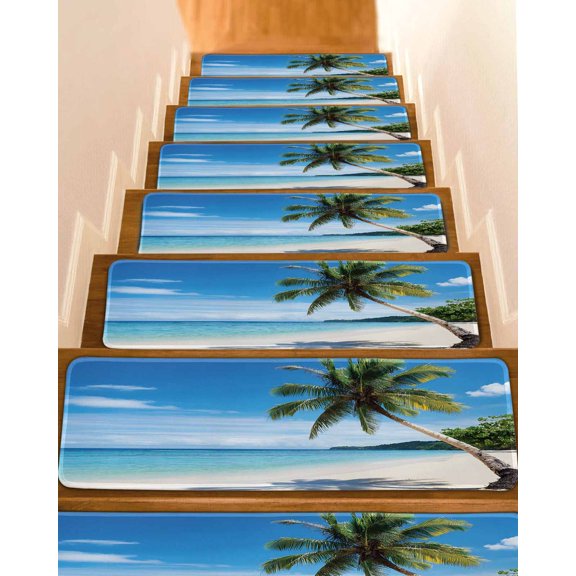Coastal Tropical Stair Treads for Wooden Steps Indoor Runner Rug Carpet, Blue Sky Coconut Tree Summer Beach 7 Pieces Peel and Stick Staircase Step Treads Covers Washable Throw Door Mats, 30"x8"