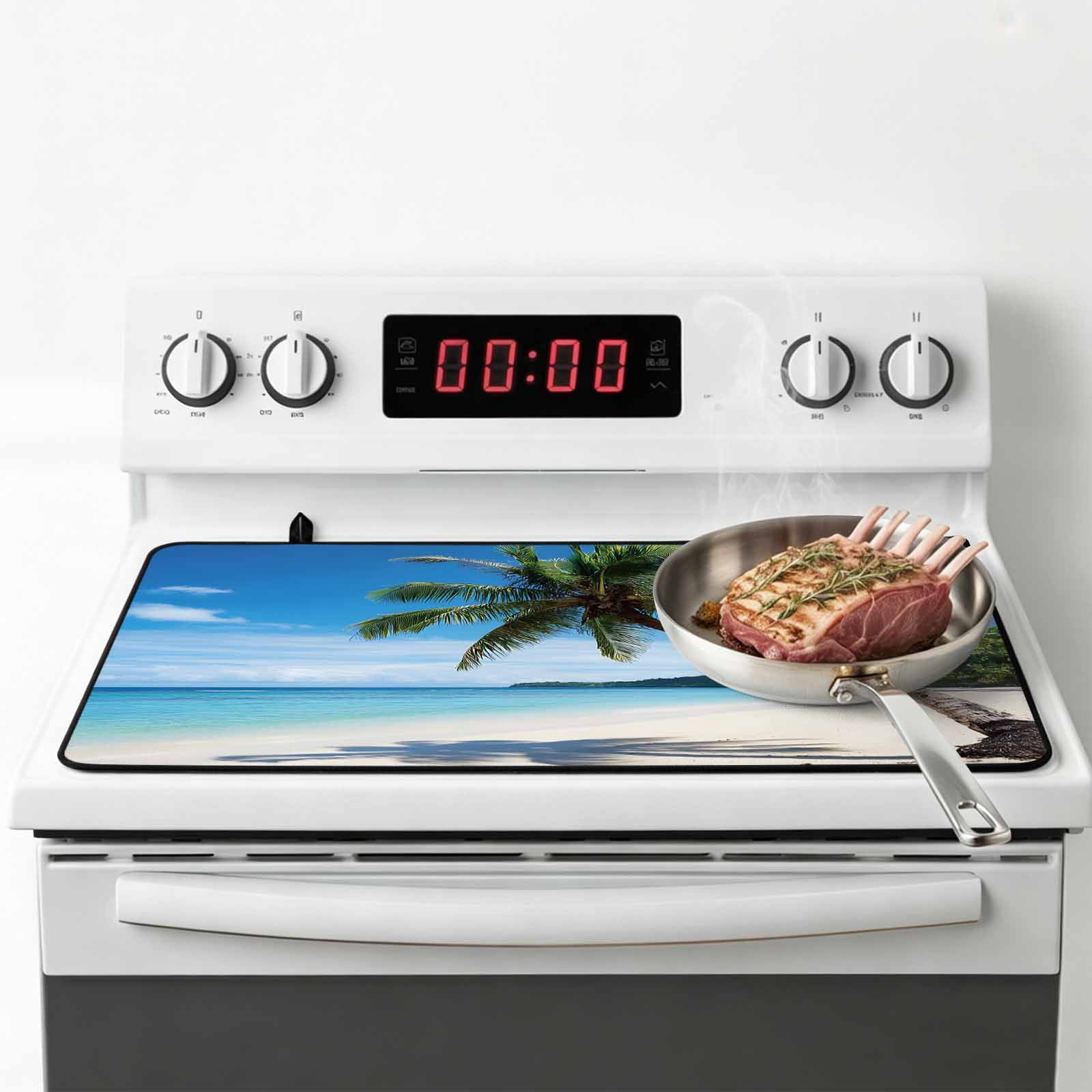 Coastal Tropical Stove Top Cover for Electric Stove, Heat-proof & Non Slip Glass Top Stove Cover Protector, Blue Sky Coconut Tree Summer Beach Kitchen Flat Cooktop Rubber Mat 24x21 Inches