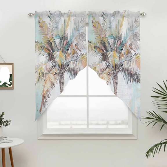 Coastal Tropical Swag Valances for Windows, Modern Boho Palm Tree Mint Blue Rod Pocket Short Curtains, Machine Washable Kitchen Window Topper for Bathroom Living Room, 28 x 36 Inch, 1 Pair
