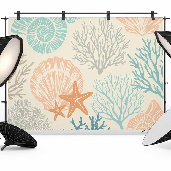 Coastal Turquoise Backdrop for Photoshoot,Photography Photo Studio Background Wall Backdrop,Ocean Coral Starfish Shell Modern Sea Back Drop Banner Panel for Portraits Wedding Live Streaming 8x6Ft