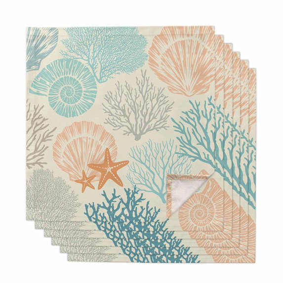 Coastal Turquoise Cloth Napkins, Ocean Coral Starfish Shell Modern Sea Washable and Reusable Dinner Napkins Set of 6, Table Napkin for Kitchen Party Birthday Wedding Hotel Housewarming 20"x20"