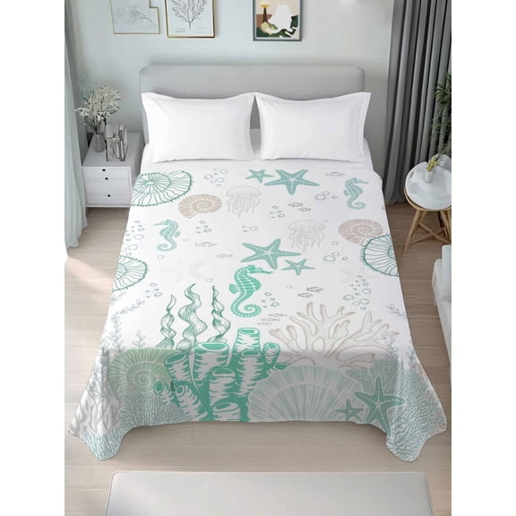 Coastal Turquoise Full Size Flat Sheet, Wrinkleproof & Fadeproof Cooling Flat Bed Sheet Only, Coral Starfish Jellyfish Seahorse Breathable Soft Bedding Top Sheets 81 x 96 Inches