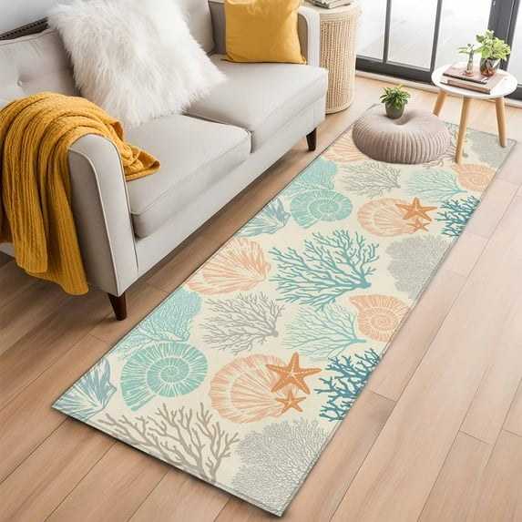 Coastal Turquoise Kitchen Runner Rug 2x6 Washable Runners for Hallway Non Slip Ocean Coral Starfish Shell Modern Sea Large Area Rug Indoor Floor Carpet for Bathroom Laundry Entryway Bedroom