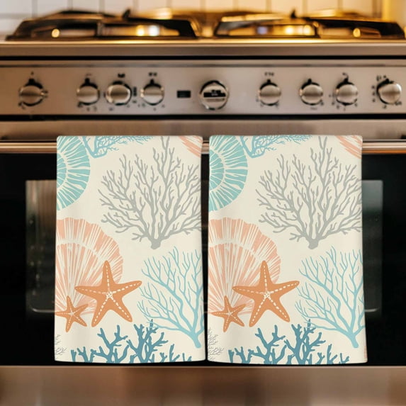 Coastal Turquoise Kitchen Towels Set of 1, Ocean Coral Starfish Shell Modern Sea Absorbent Dish Towels for Kitchen, Microfiber Hand Towel, Quick Drying Tea Towel for Cleaning Decorative Dishcloths