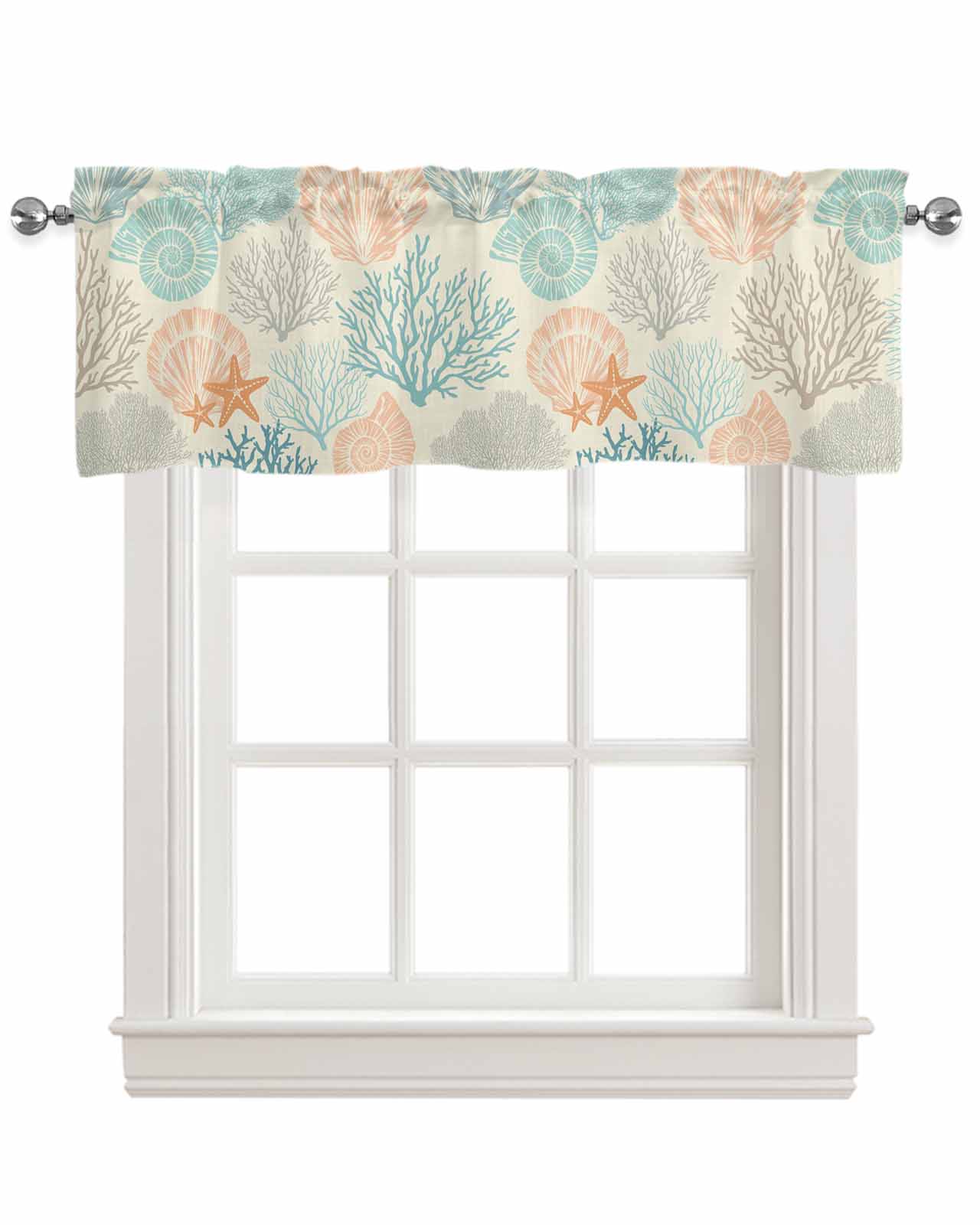 Coastal Turquoise Kitchen Valances for Windows Farmhouse Linen Window Valance Curtain for Living Room Window Treatment Ocean Coral Starfish Shell Modern Sea Valance Rod Pocket Topper, 60 x 18 Inch