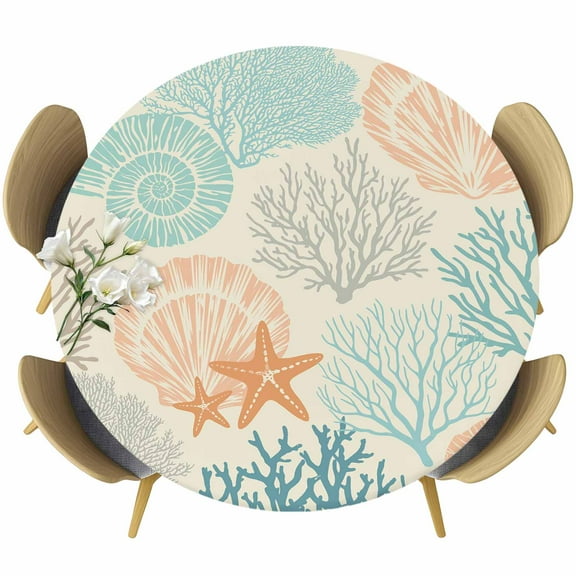 Coastal Turquoise Round Tablecloth 36-44 Inch Round Fitted Table Cloth with Elastic Edge, Ocean Coral Starfish Shell Modern Sea Waterproof Table Cover Protector for Outdoor Picnic Party Dining