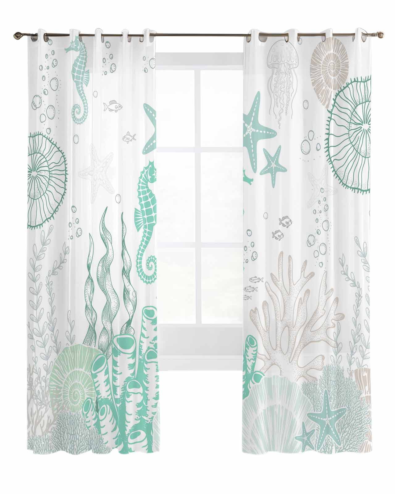 Coastal Turquoise Sheer Curtains 84 Inch Length 2 Panels Coral Starfish