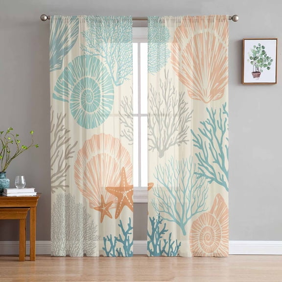 Coastal Turquoise Sheer Curtains 96 Inch Length 2 Panels Set for Living Room/Bedroom, Ocean Coral Starfish Shell Modern Sea Curtain Sheers Drapes Rod Pocket Curtains Window Treatment Set 52''x96''x2