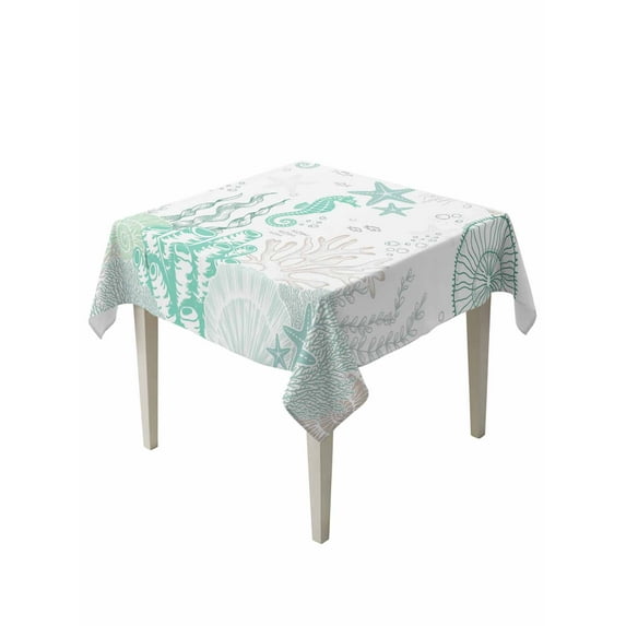 Coastal Turquoise Table Cloth, Coral Starfish Jellyfish Seahorse Waterproof Tablecloth for Square Tables, Reusable Washable Fabric Table Cover for Restaurant Kitchen Dining Tables 54"x54"