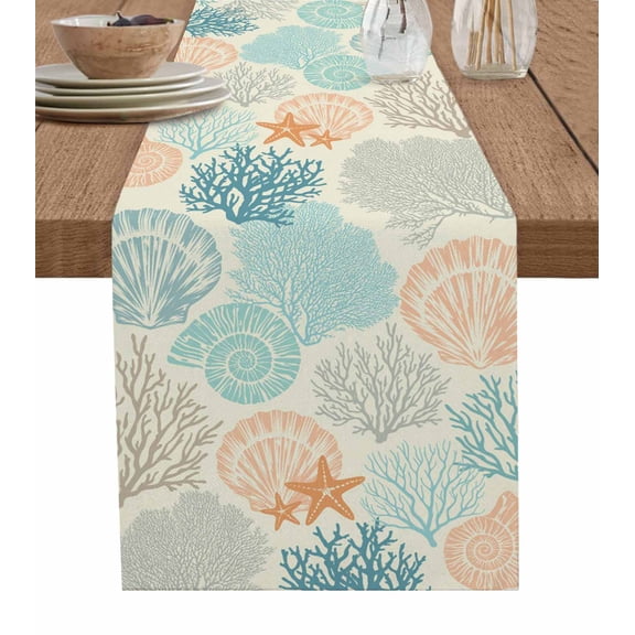 Coastal Turquoise Table Runner Ocean Coral Starfish Shell Modern Sea Tablerunners 13 x 36 Inch, Table Decorations Tabletop Scarf for Summer Gathering Holiday Farmhouse Kitchen Dining Decor