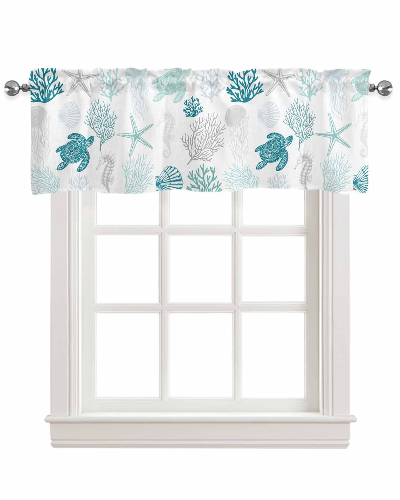 Coastal Turquoise Turtle Linen Curtain Valance for Bedroom/Bathroom/Kitchen/Office/Living/Dining Room Windows,Watercolor Gradient Coral Shell White Pocket Topper Drapes Decorative Cafe Drapery 54x18