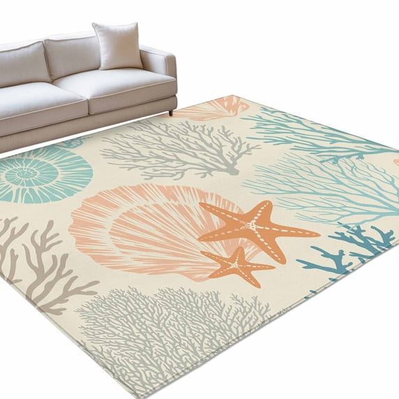 Coastal Turquoise Washable Rug 3x5 Area Rug for Living Room Bedroom Non Slip Indoor Floor Rectangle Carpet Low Pile Large Ocean Coral Starfish Shell Modern Sea Entryway Rugs for Dining Room Office