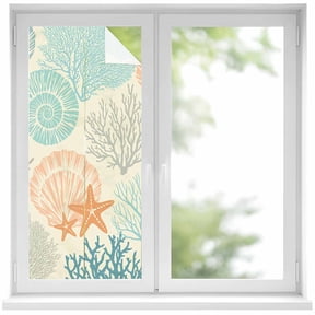 Coastal Turquoise Window Privacy Film, Ocean Coral Starfish Shell Modern Sea Static Cling UV Sun Blocking Heat Control Window Tint, Non-Adhesive One Way Windows Privacy Cover 17.7''x39.3''