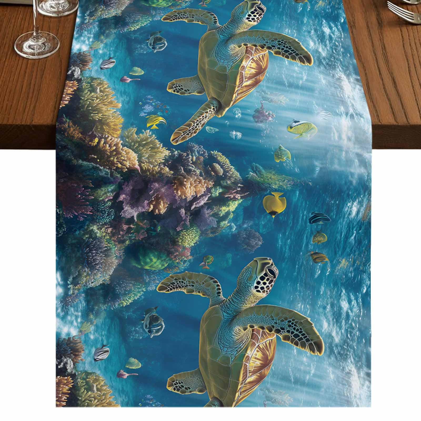 Coastal Turtle 36 Inch Table Runner, Turquoise Tropical Ocean Animal ...