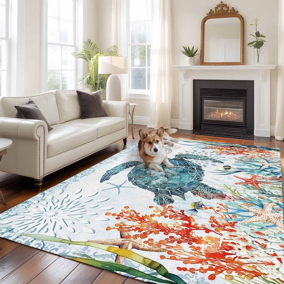 Coastal Turtle 5x8 Rug for Bedroom Under Queen Bed Placement, Ocean Coral Seaweed Washable Non Slip Large Rectangle Area Rug