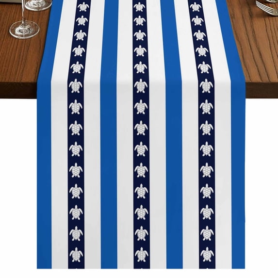 Coastal Turtle 70 Inch Table Runner, Blue Stripe Navy White Geometric Ocean Farmhouse Dresser Scarf Cotton & Linen Tablerunner for Dining/Kitchen Island/Holiday Party Décor 13" x 70"