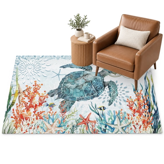 Coastal Turtle Area Rug 4'x6', Ocean Coral Seaweed Soft Mat Non-Slip ...