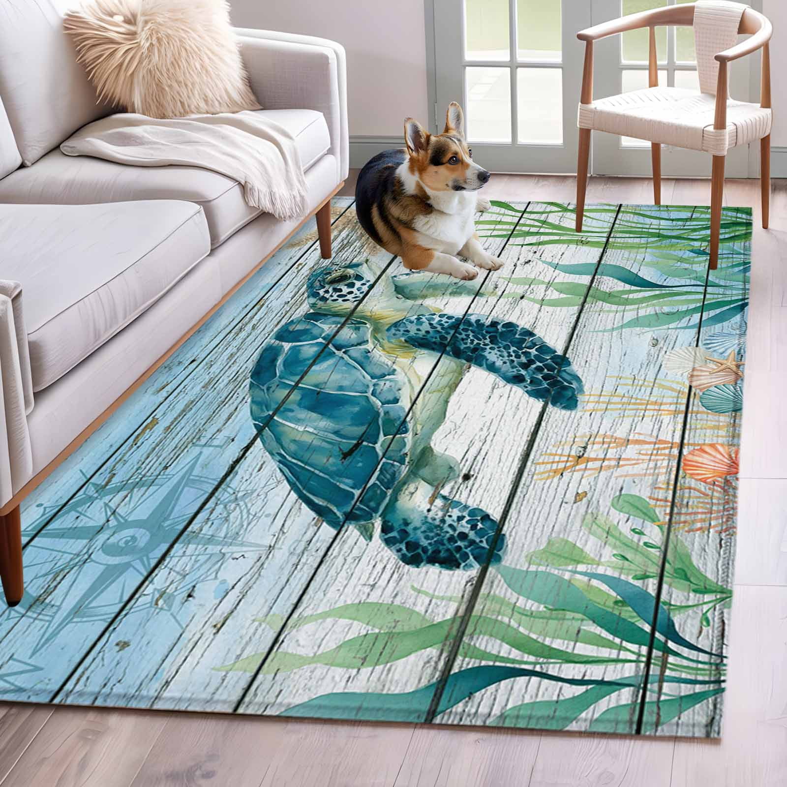Coastal Turtle Area Rug 4x6 FT, Non Slip Kids Room Carpet, Nautical ...
