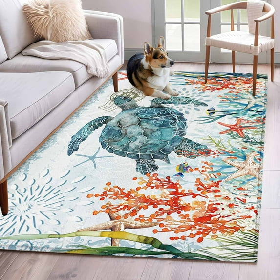 Coastal Turtle Area Rug 4x6 Washable Rug Non Slip Summer Beach Nautical Coral Starfish Large Area Rug Indoor Floor Carpet for Entryway Bedroom Kitchen Living Room Home Office Dining Room Nursery